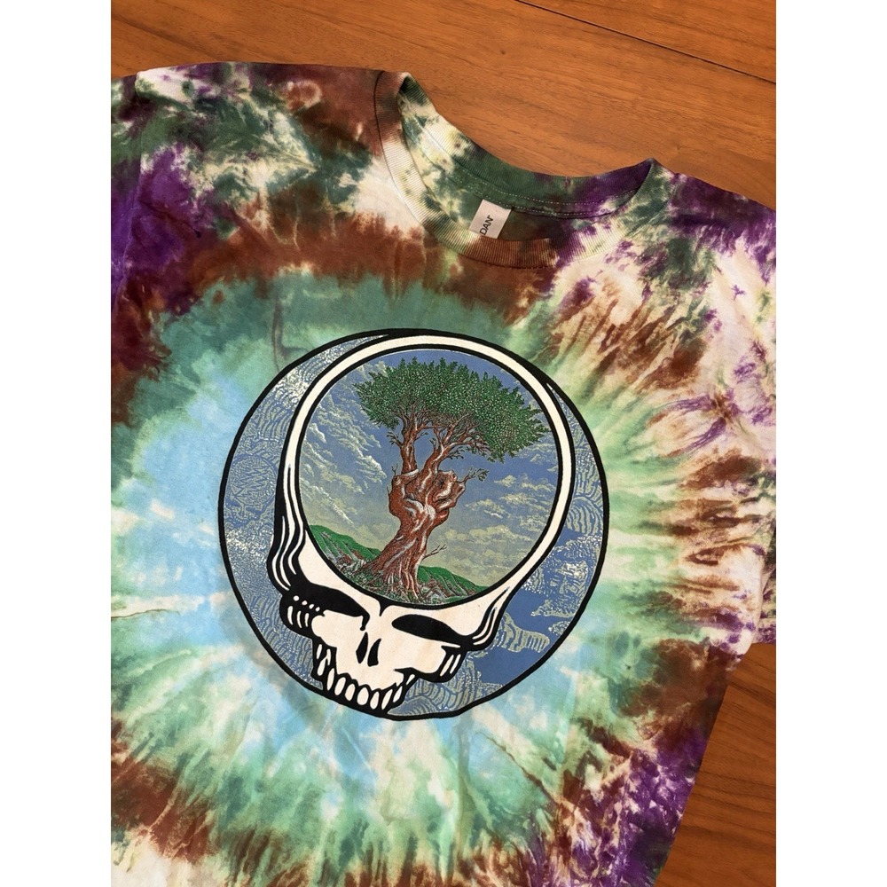 Grateful Dead Tie-Dye Shirt Sz L Flower Car Peace Tree Gildan Cotton Green Brown